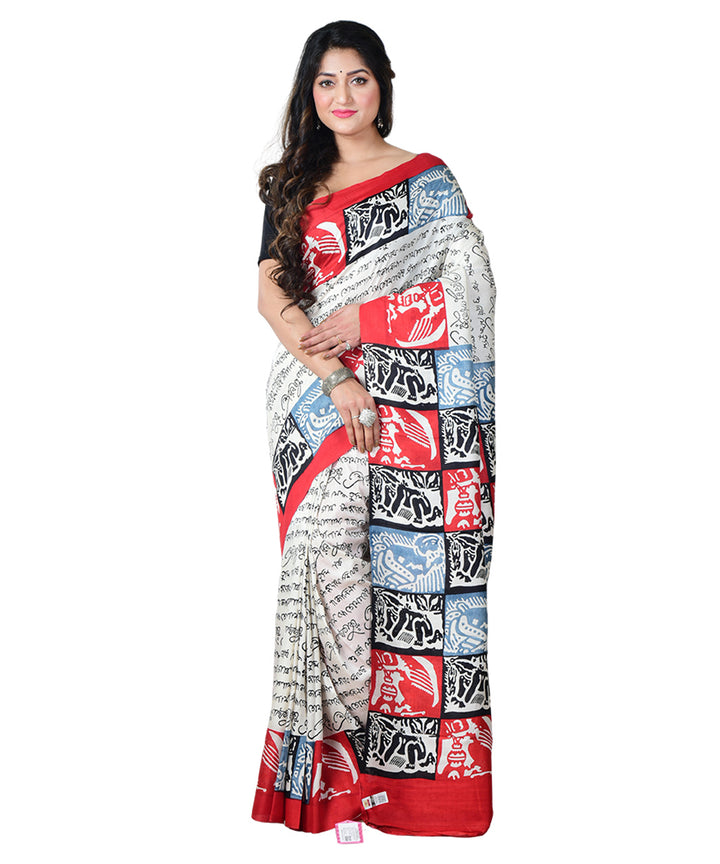 White multicolor block print handprinted silk saree