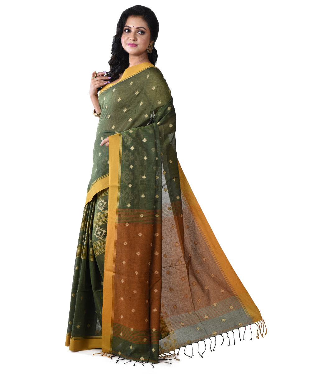 Dark green shantipuri handloom cotton saree