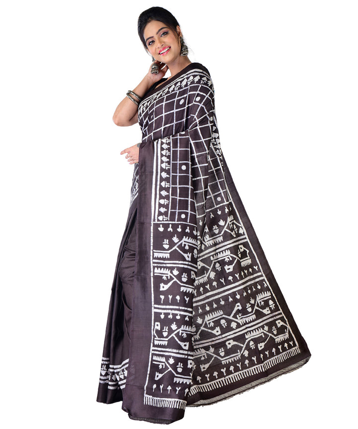 Black white hand batik printed silk saree