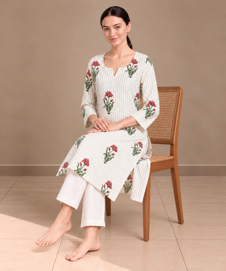 Off white red lotus hand block printed pure cotton kurti