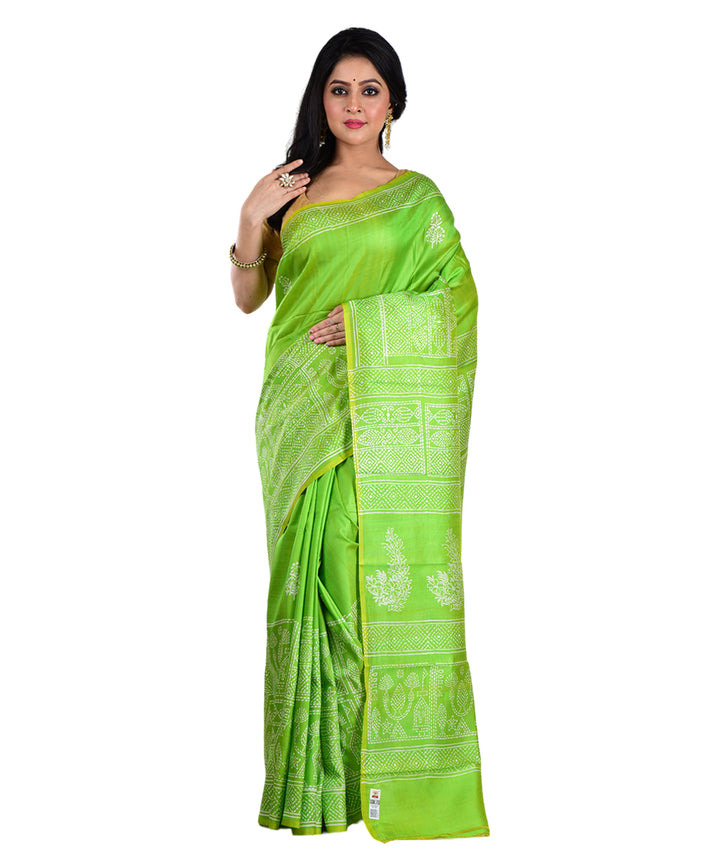 Light green hand printed silk saree