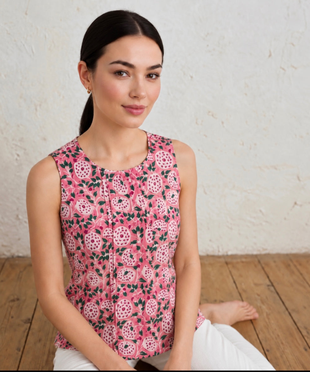 Peach floral hand block printed cotton sleevless top