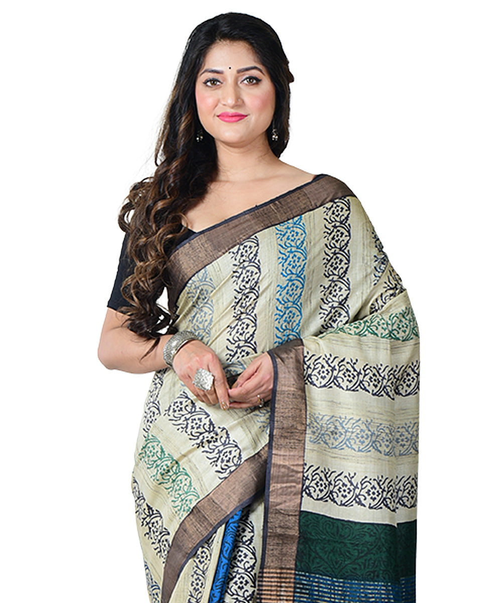 Beige multicolor batik print handprinted tussar silk saree