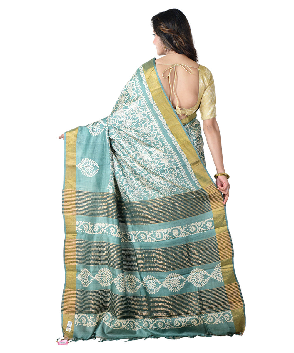 Cyan blue white block print handprinted tussar silk saree
