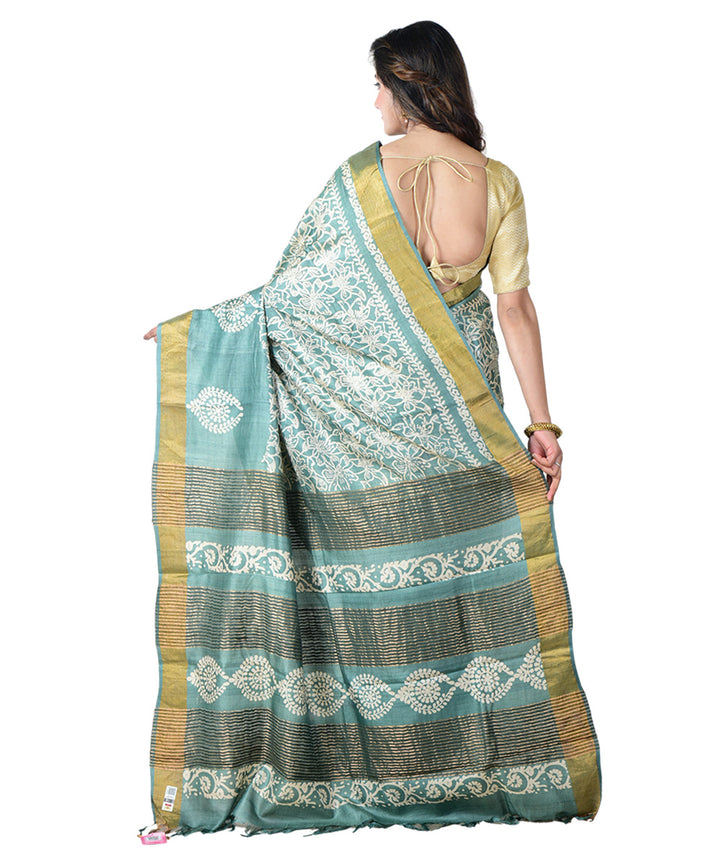 Cyan blue white block print handprinted tussar silk saree