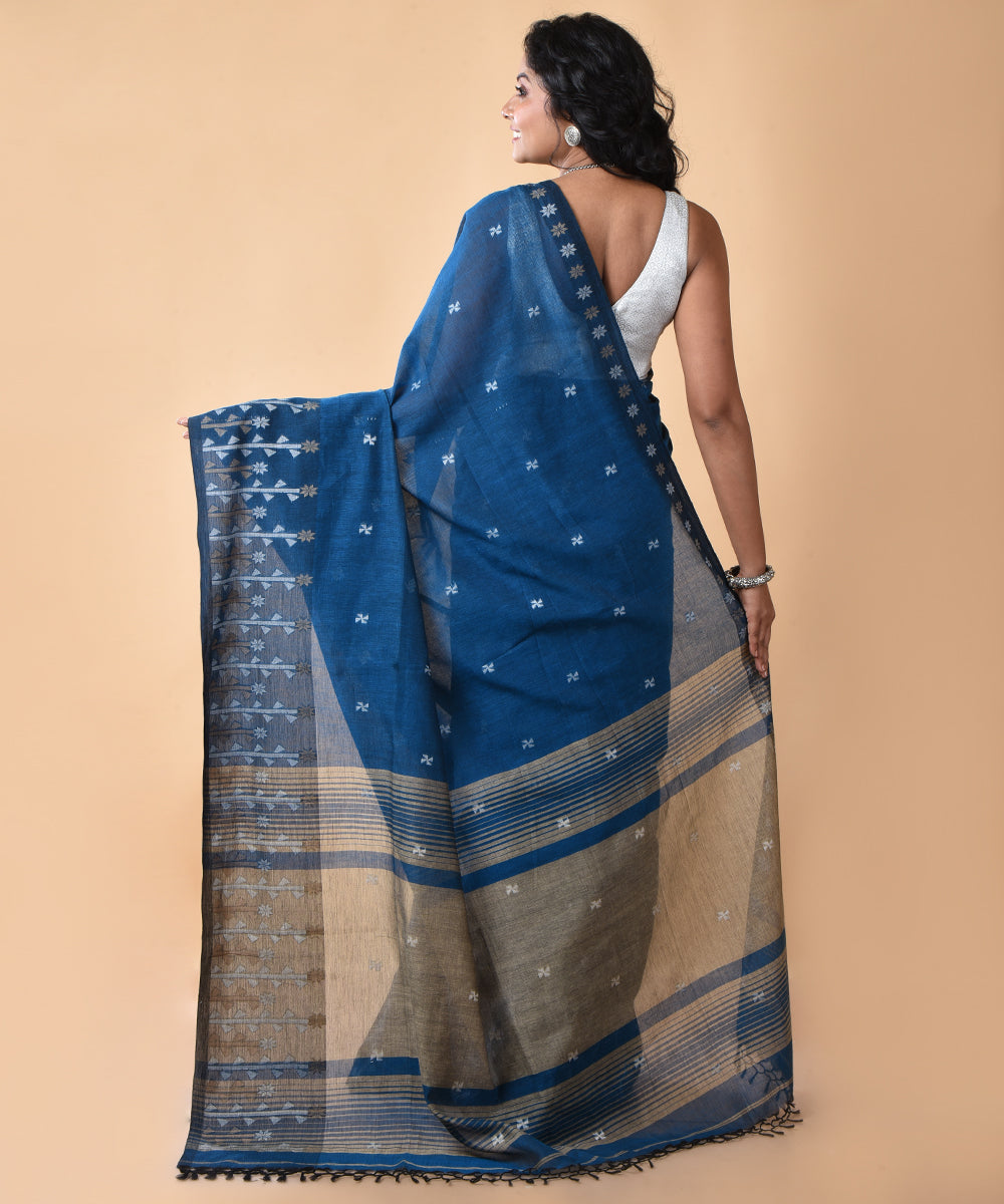 Royal blue cotton handwoven jamdani saree