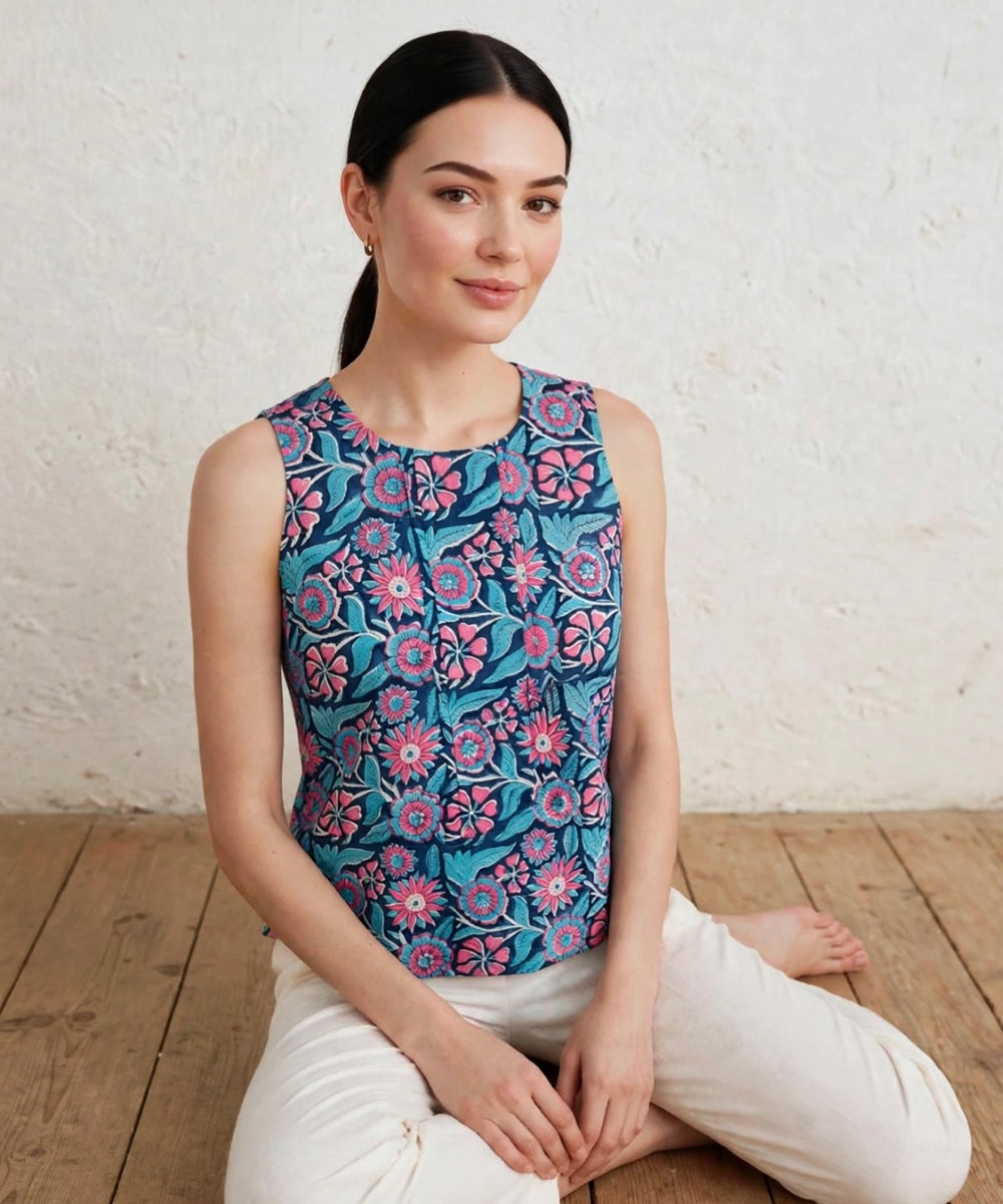 Blue floral hand block printed cotton sleevless top