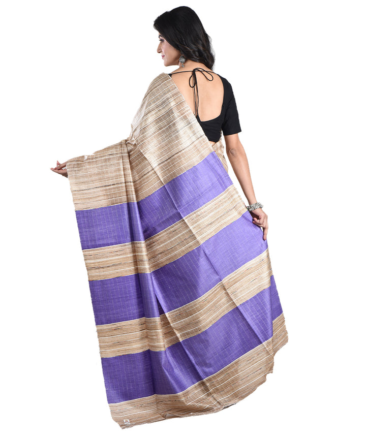 Beige violet handwoven tussar silk saree