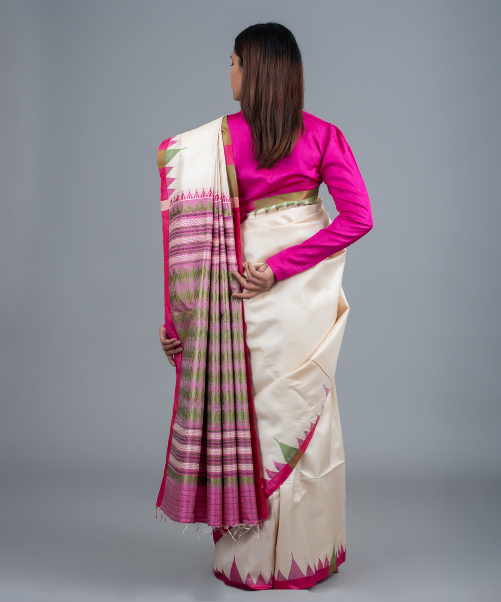 Cream pink handwoven gopalpur jala border tussar saree