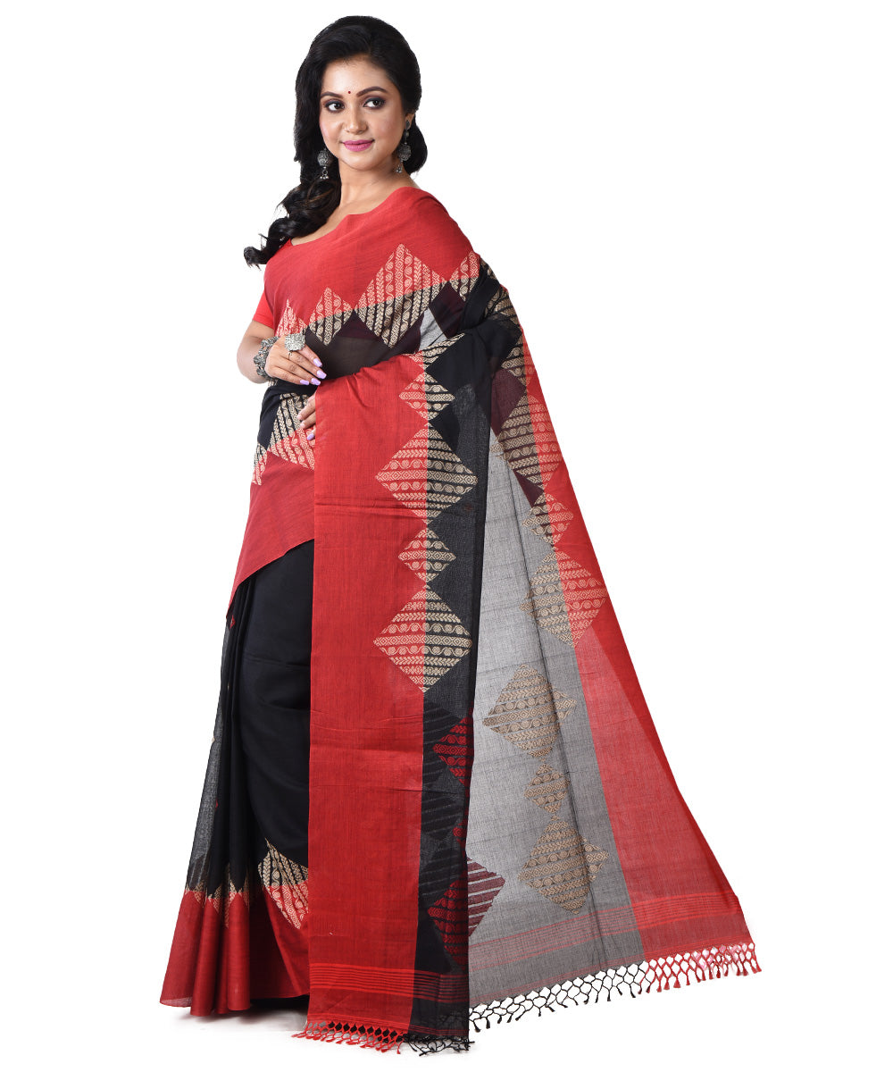 Black red handloom cotton shantipuri saree