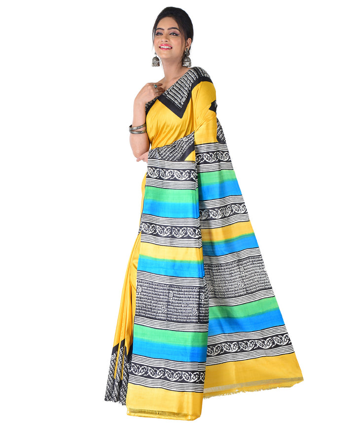Yellow multicolor silk hand printed saree