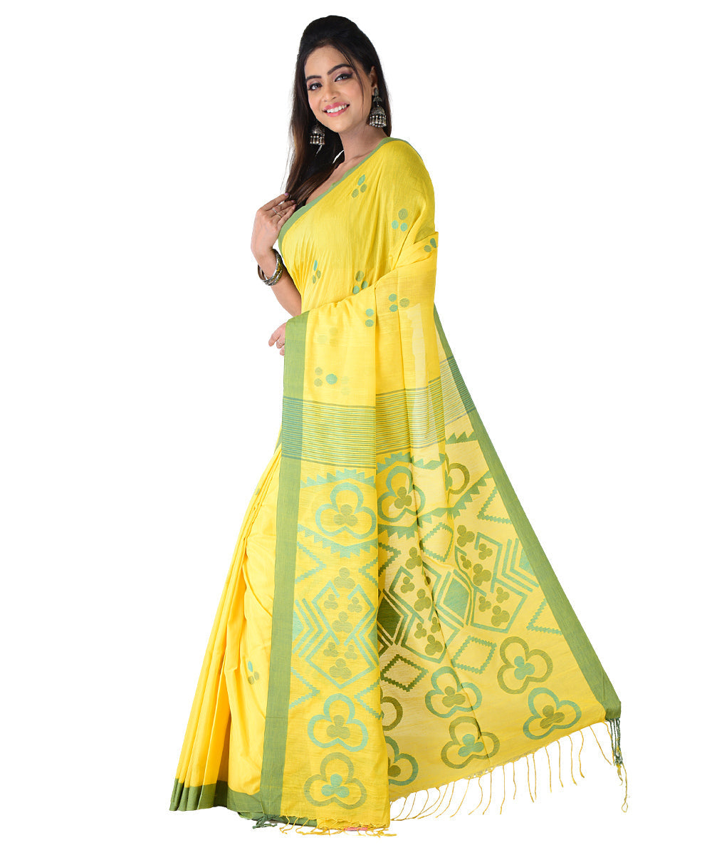 Light yellow violet handwoven cotton silk saree