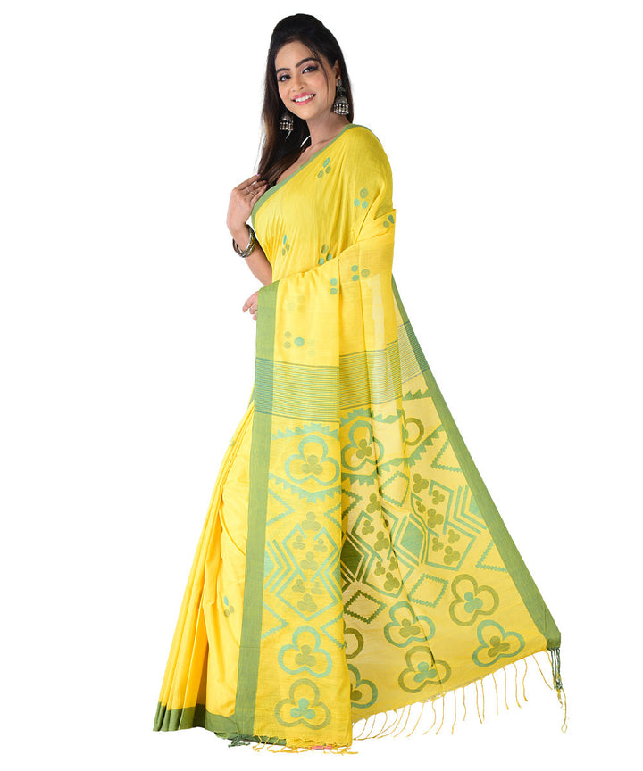 Light yellow violet handwoven cotton silk saree
