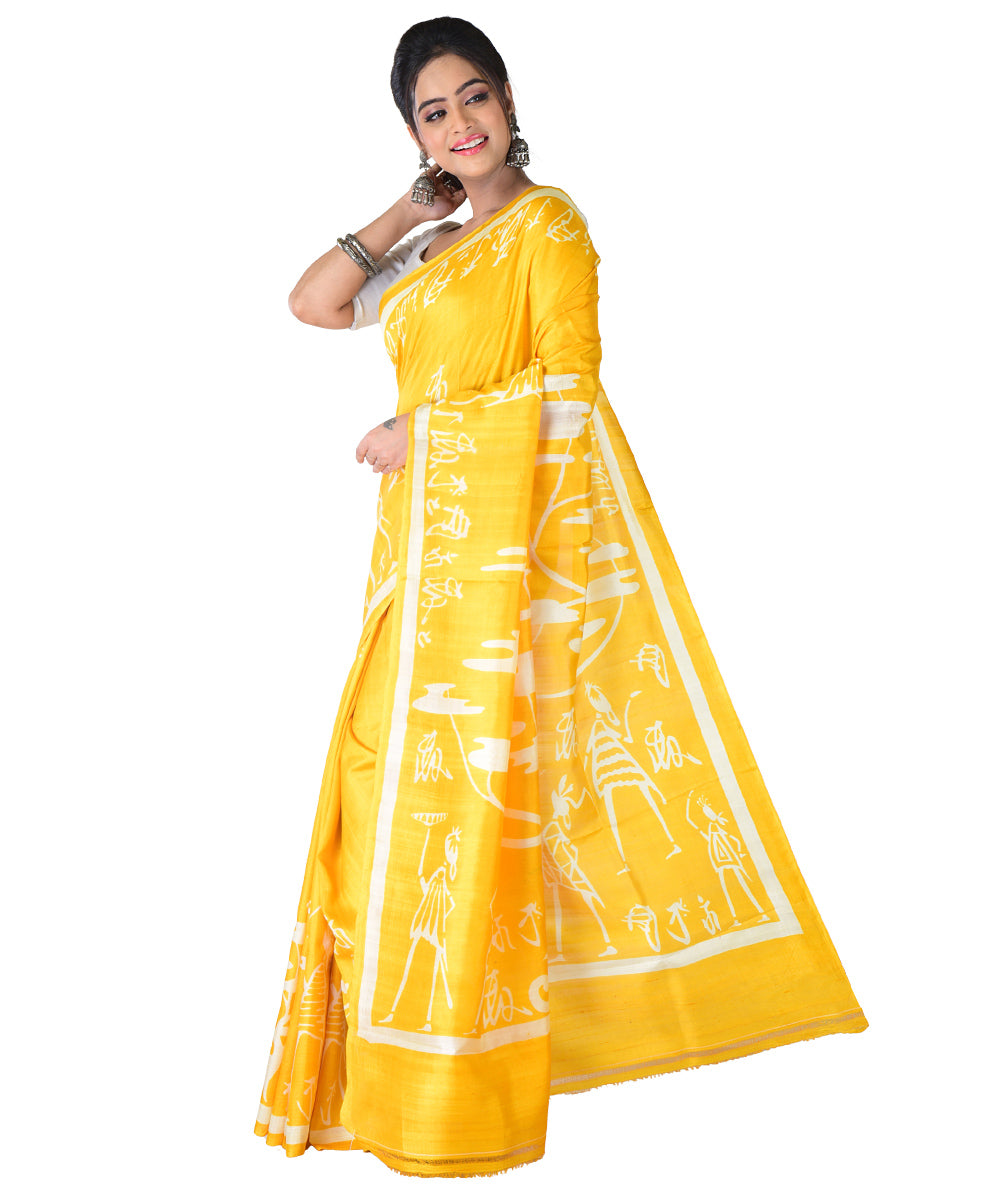 Yellow white hand printed silk saree