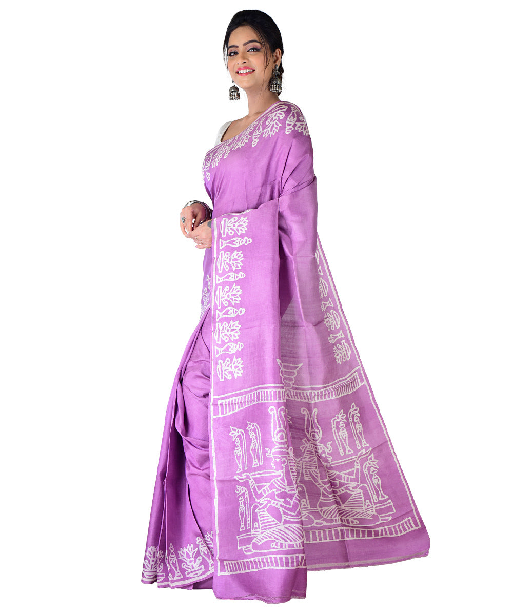 Violet white hand printed silk saree