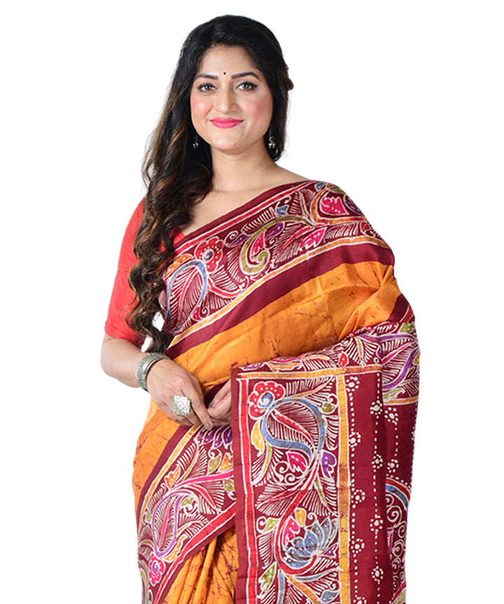 Mustard multicolor batik print handprinted silk saree