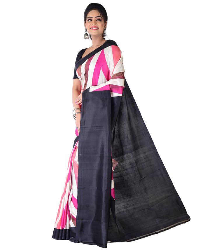 Multicolor black hand printed silk saree