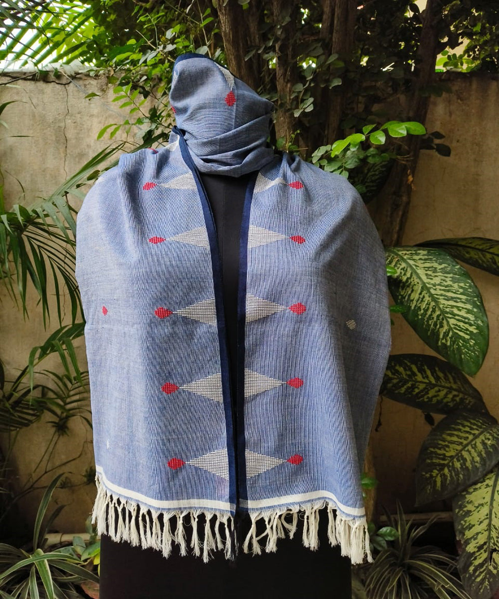 Sky blue kora red handwoven extra weft cotton stole