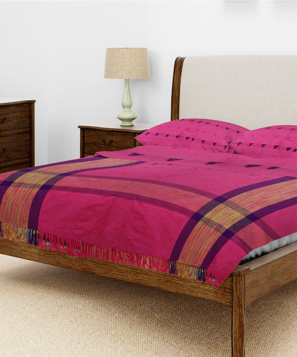 Pink purple buti handwoven cotton double bed king size bedcover