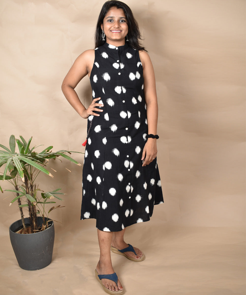 Black white handcrafted A line double ikat cotton dress with pockets