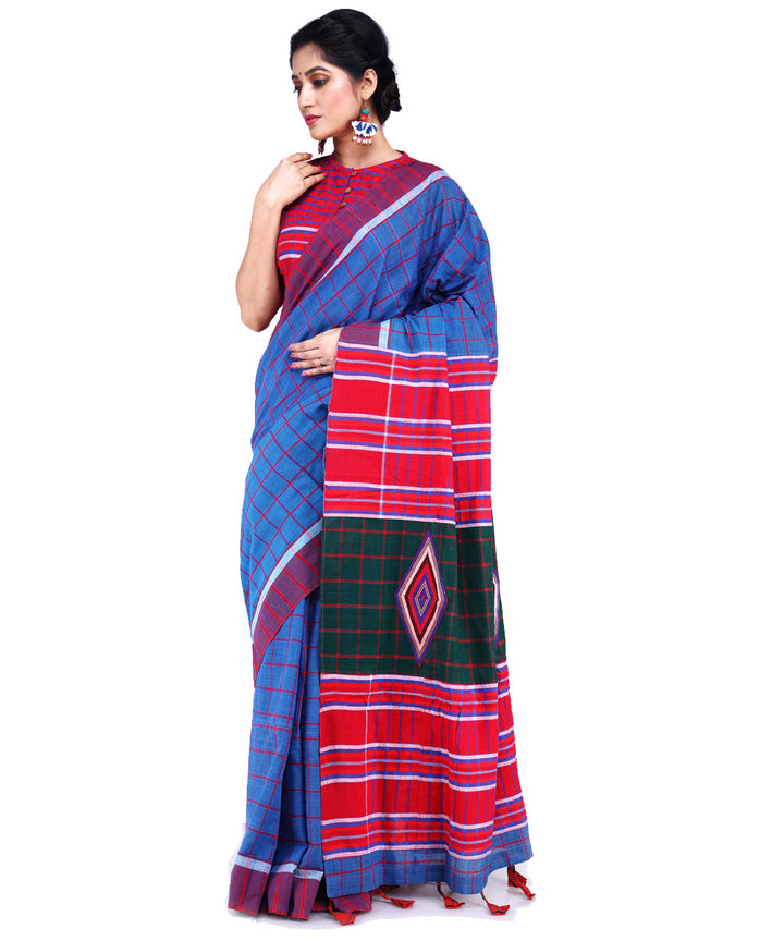 Cyan blue red dark green cotton handloom gamcha saree