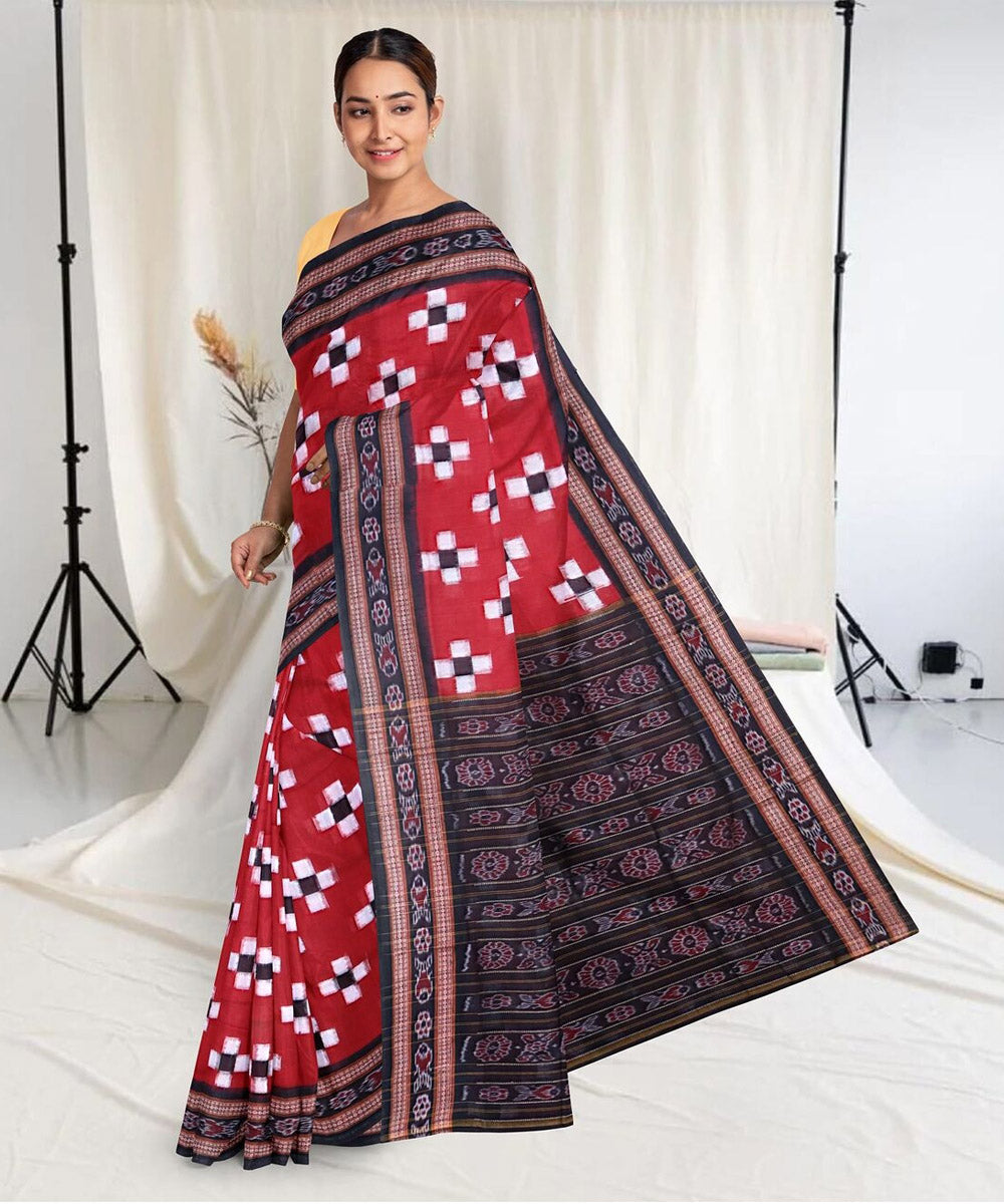 Red black border cotton handwoven sambalpuri saree