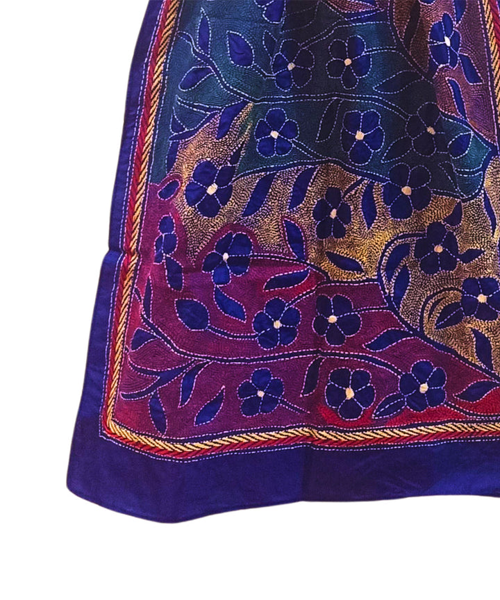 Navy blue multicolor thread handwoven silk kantha stitch stole