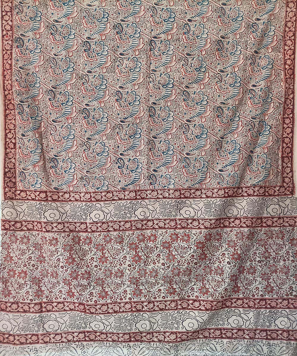 Offwhite maroon kalamkari cotton hand printed saree