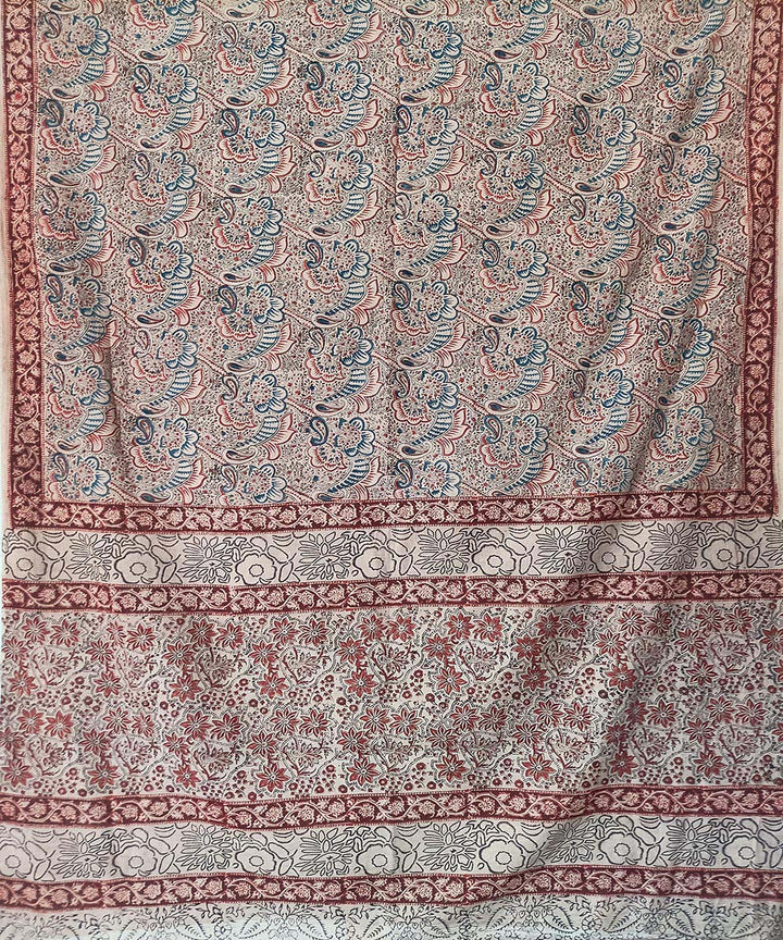Offwhite maroon kalamkari cotton hand printed saree
