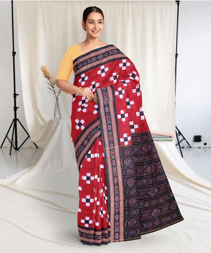 Red black border cotton handwoven sambalpuri saree