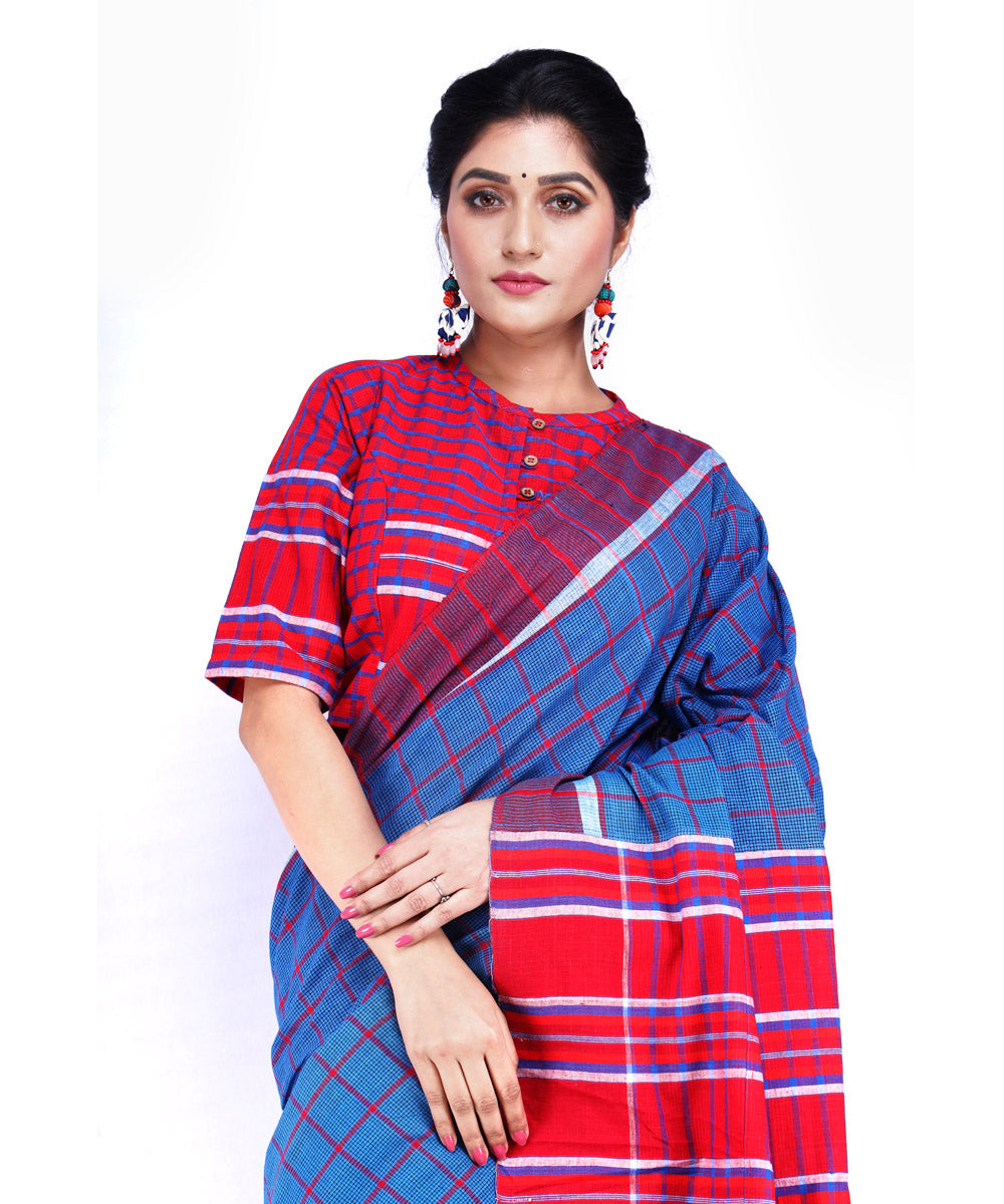 Cyan blue red dark green cotton handloom gamcha saree