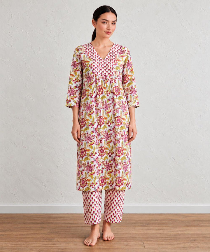 Yellow marron hand block printed A line cotton Kurta set