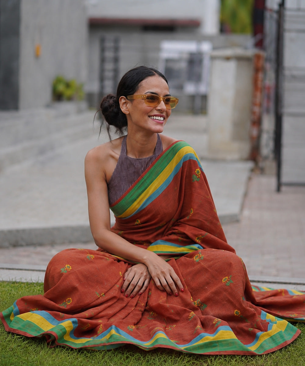 Maroon mul cotton block print saree