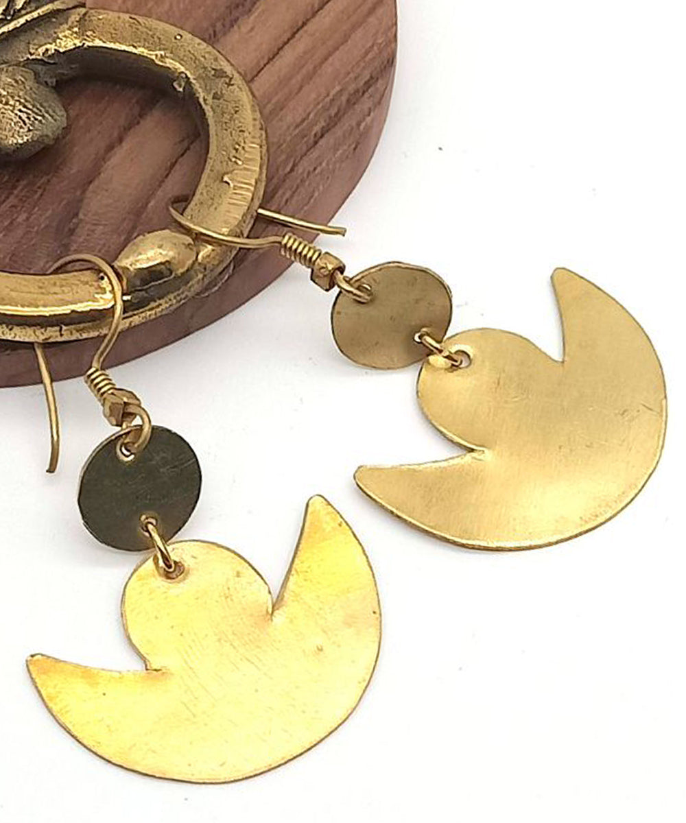 Golden moon shaped handcrafted brass earring
