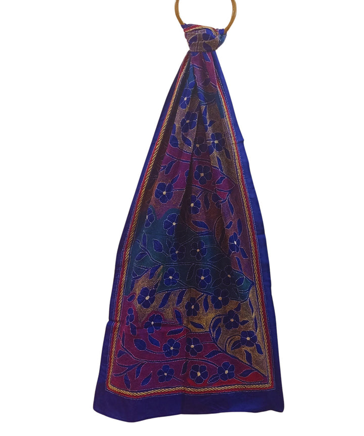 Navy blue multicolor thread handwoven silk kantha stitch stole