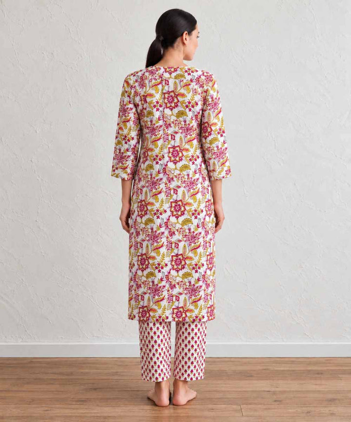 Yellow marron hand block printed A line cotton Kurta set