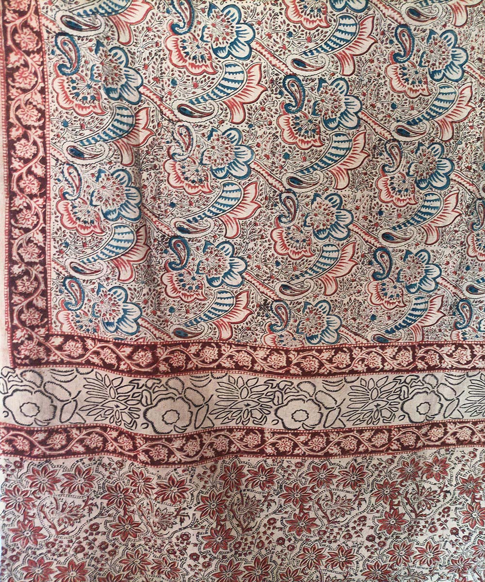 Offwhite maroon kalamkari cotton hand printed saree