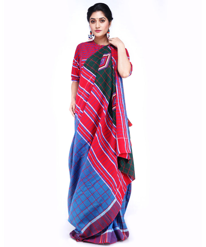 Cyan blue red dark green cotton handloom gamcha saree