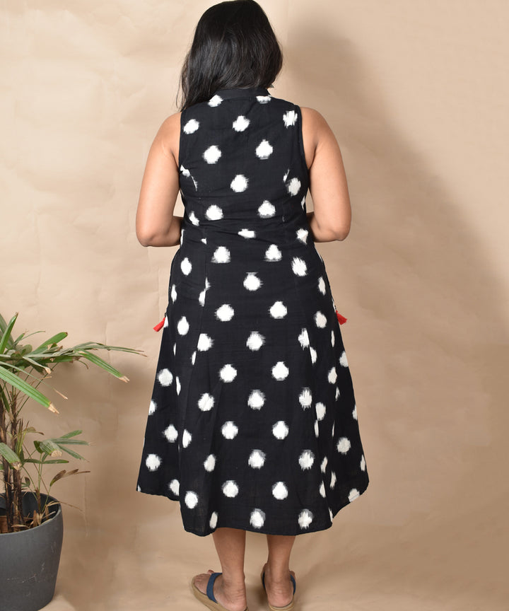 Black white handcrafted A line double ikat cotton dress with pockets