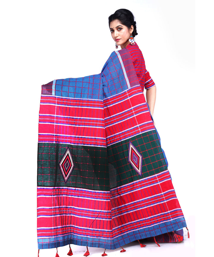 Cyan blue red dark green cotton handloom gamcha saree