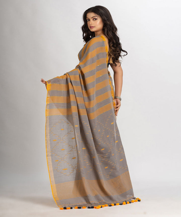 Mustard grey stripe handwoven cotton bengal saree