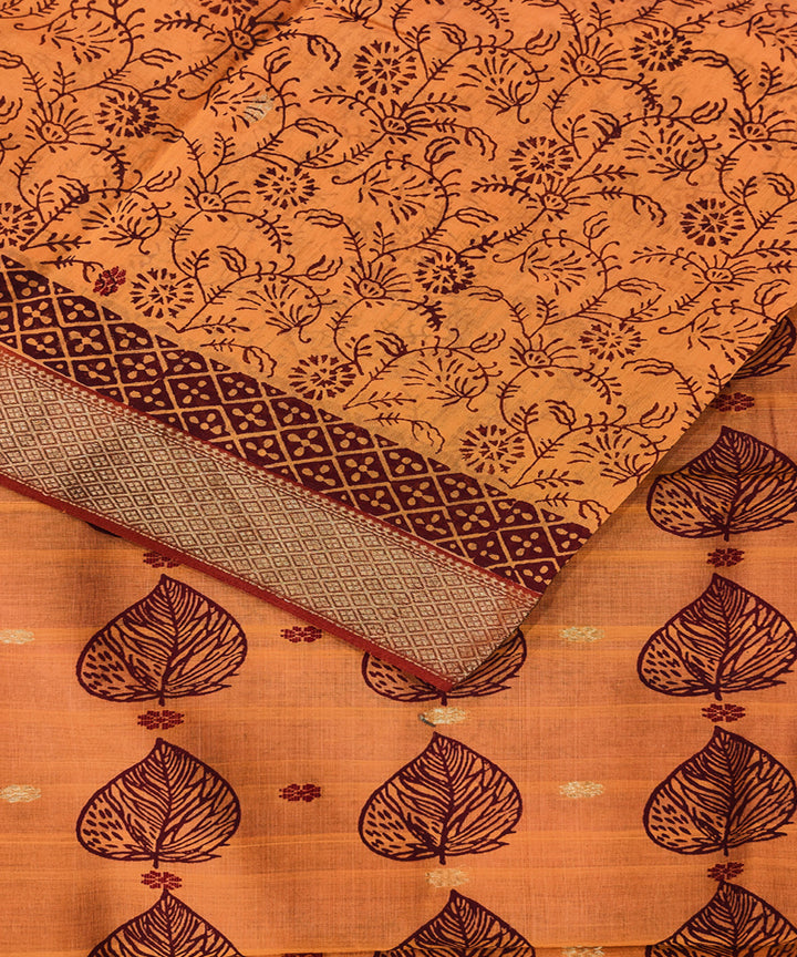 Mustard hand block printed maheshwari cotton silk saree