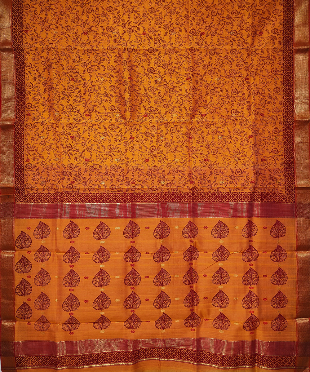 Mustard hand block printed maheshwari cotton silk saree