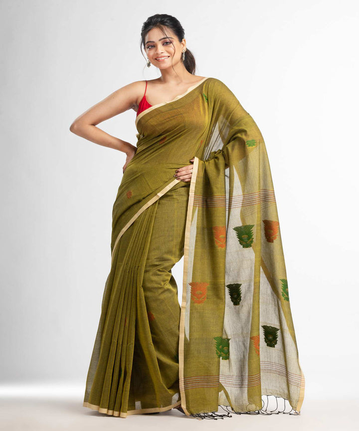 Fern green handwoven bengal cotton saree