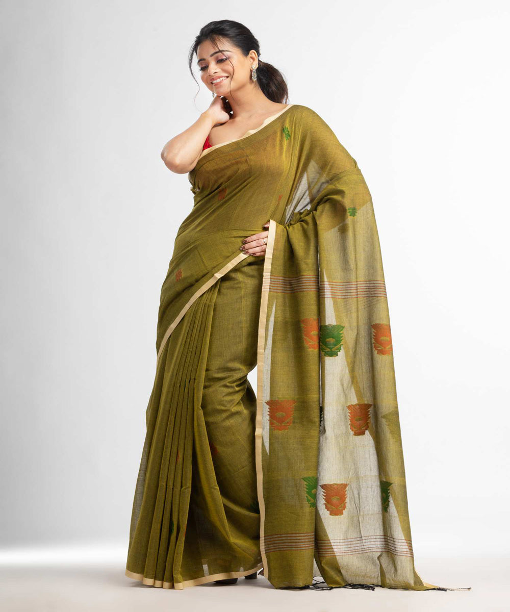 Fern green handwoven bengal cotton saree