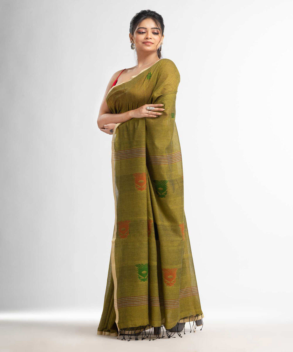 Fern green handwoven bengal cotton saree