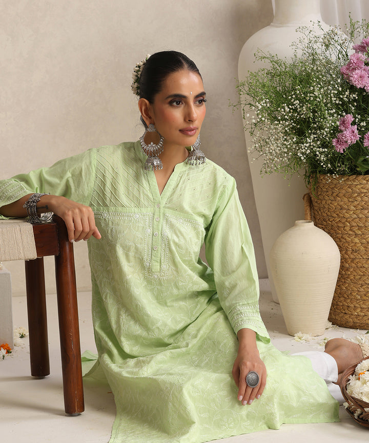 Light green  Hand Embroidered   Chikankari  Cotton Kurti