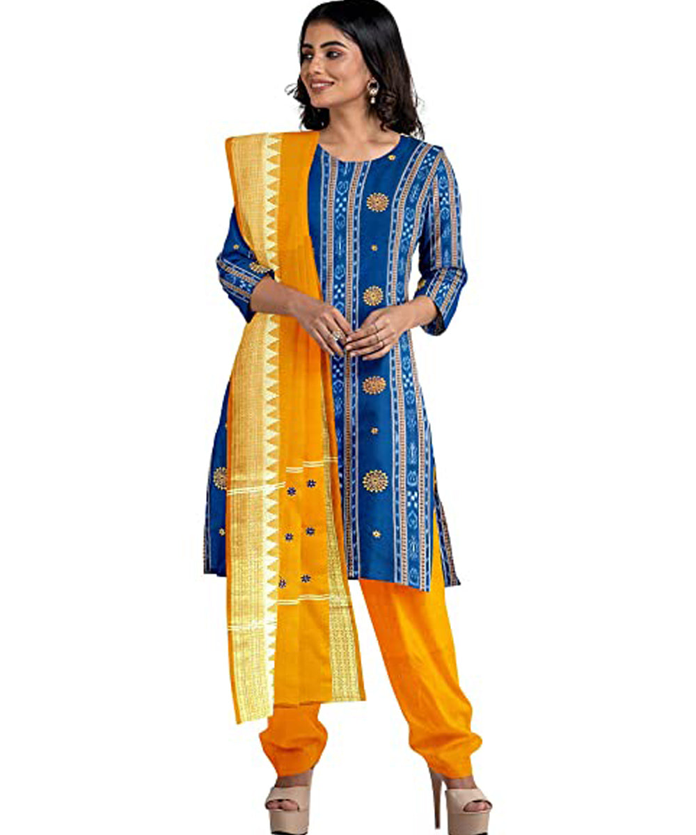Navy blue yellow handwoven cotton nuapatna dress material