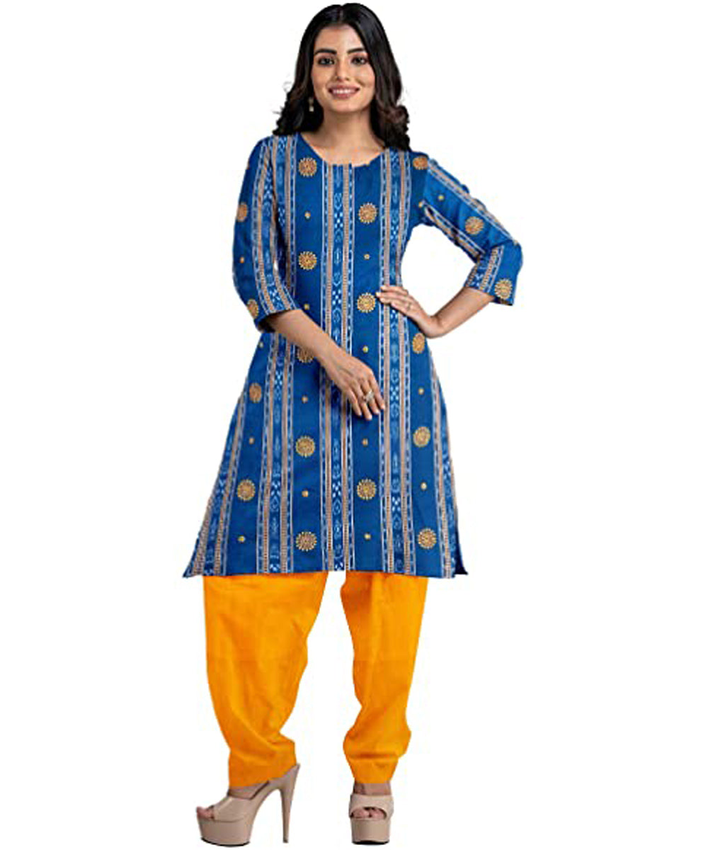 Navy blue yellow handwoven cotton nuapatna dress material