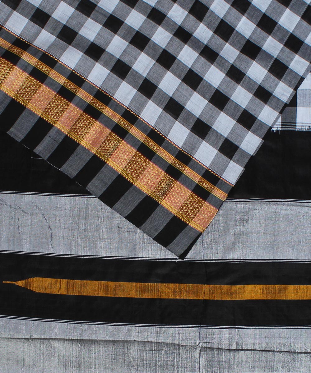 Black and white checks chikki paras border cotton handloom ilkal saree